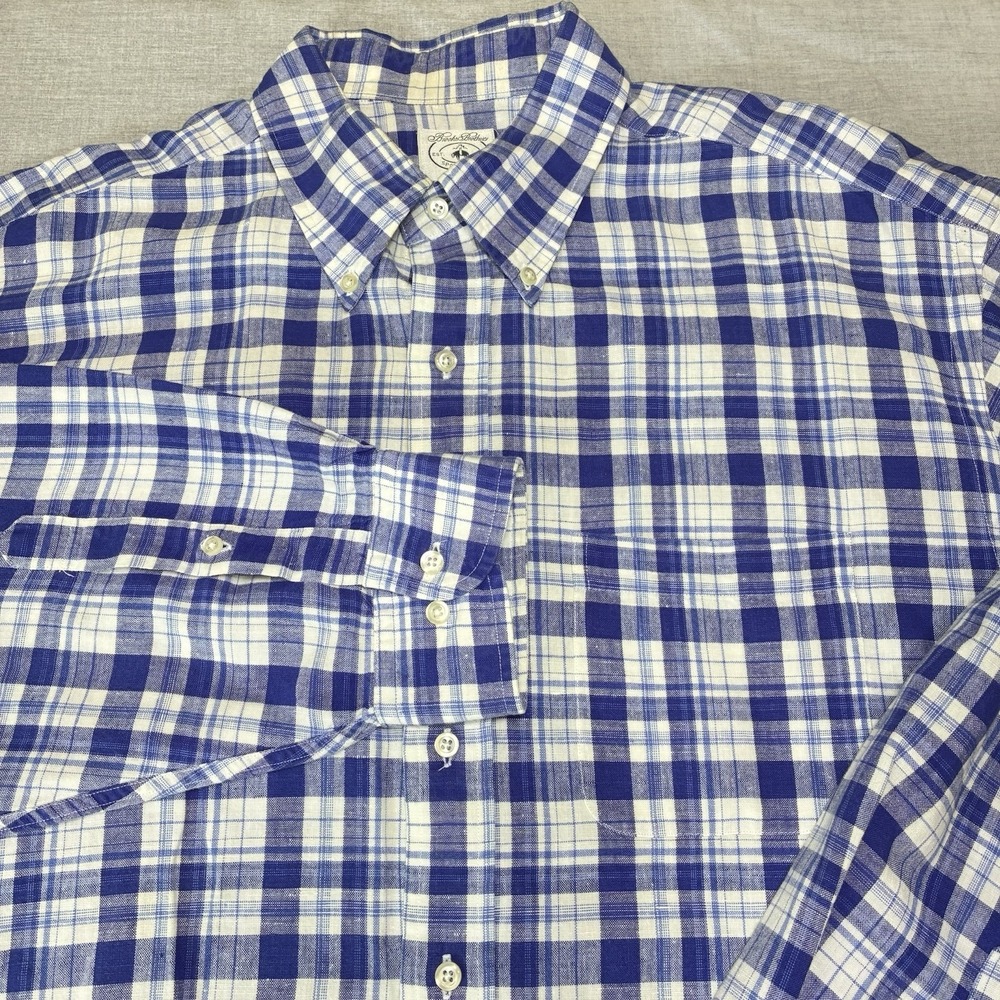 Brooks Brothers Linen Sport Shirt Mens XL Blue White Long Sleeves Plaid